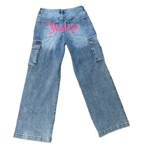 Juicy Couture pink logo Wide Leg Jeans cargo Pockets, Med Wash, Size 11/30, Y2K